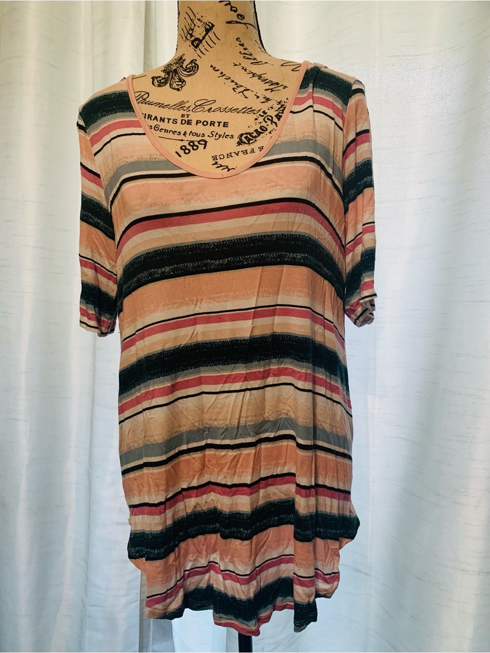 Maurices Striped Scoop Neck Short Sleeve Top in Peach, Black, Cream and Pink
